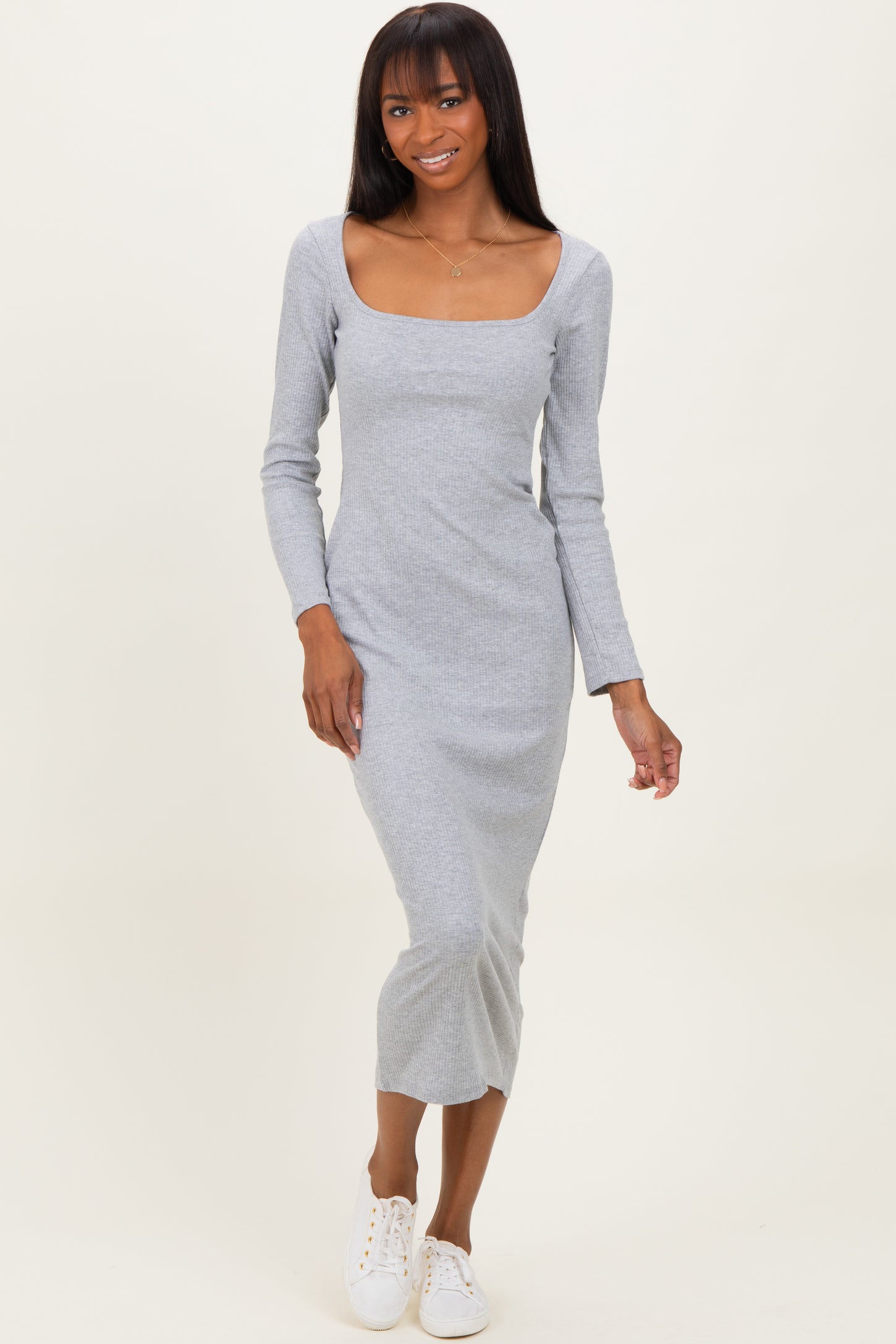 Heather Grey Square Neck Rib Long Sleeve Maxi Dress