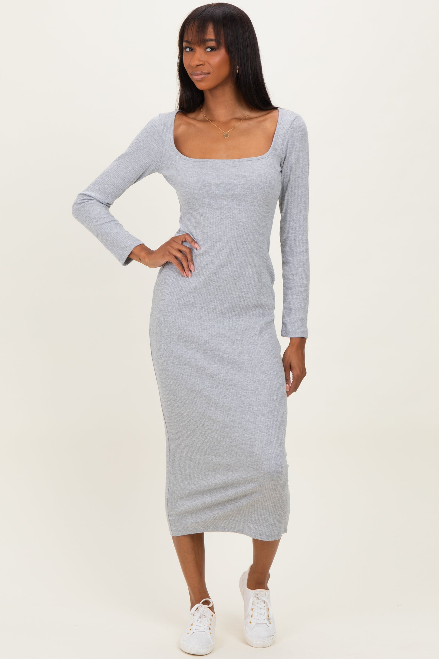 Heather Grey Square Neck Rib Long Sleeve Maxi Dress