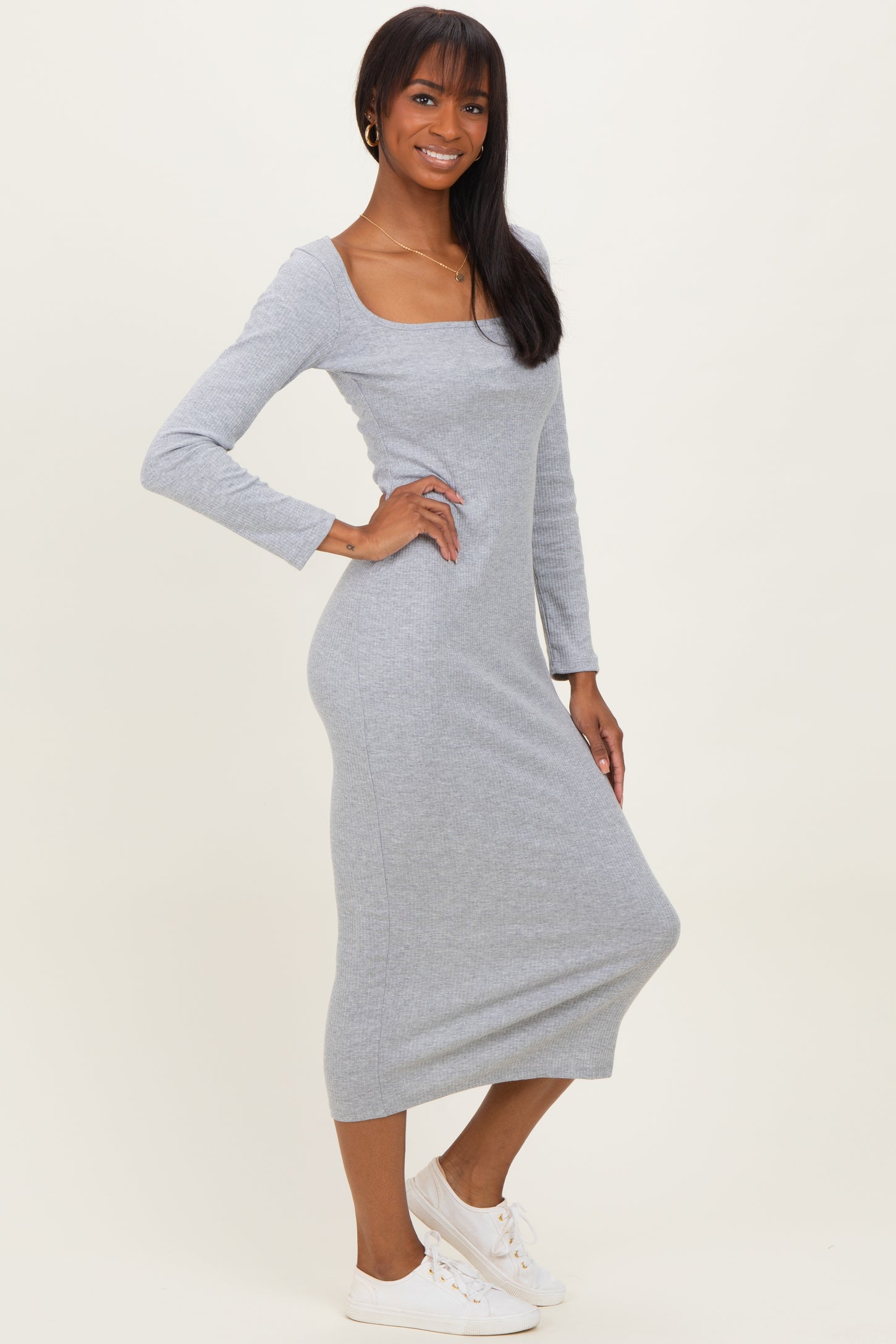 Heather Grey Square Neck Rib Long Sleeve Maxi Dress