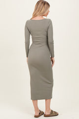 Olive Scoop Neck Long Sleeve Midi Dress
