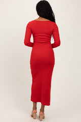 Red Scoop Neck Long Sleeve Midi Dress