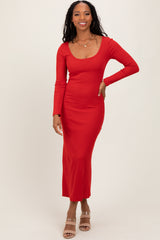 Red Scoop Neck Long Sleeve Midi Dress