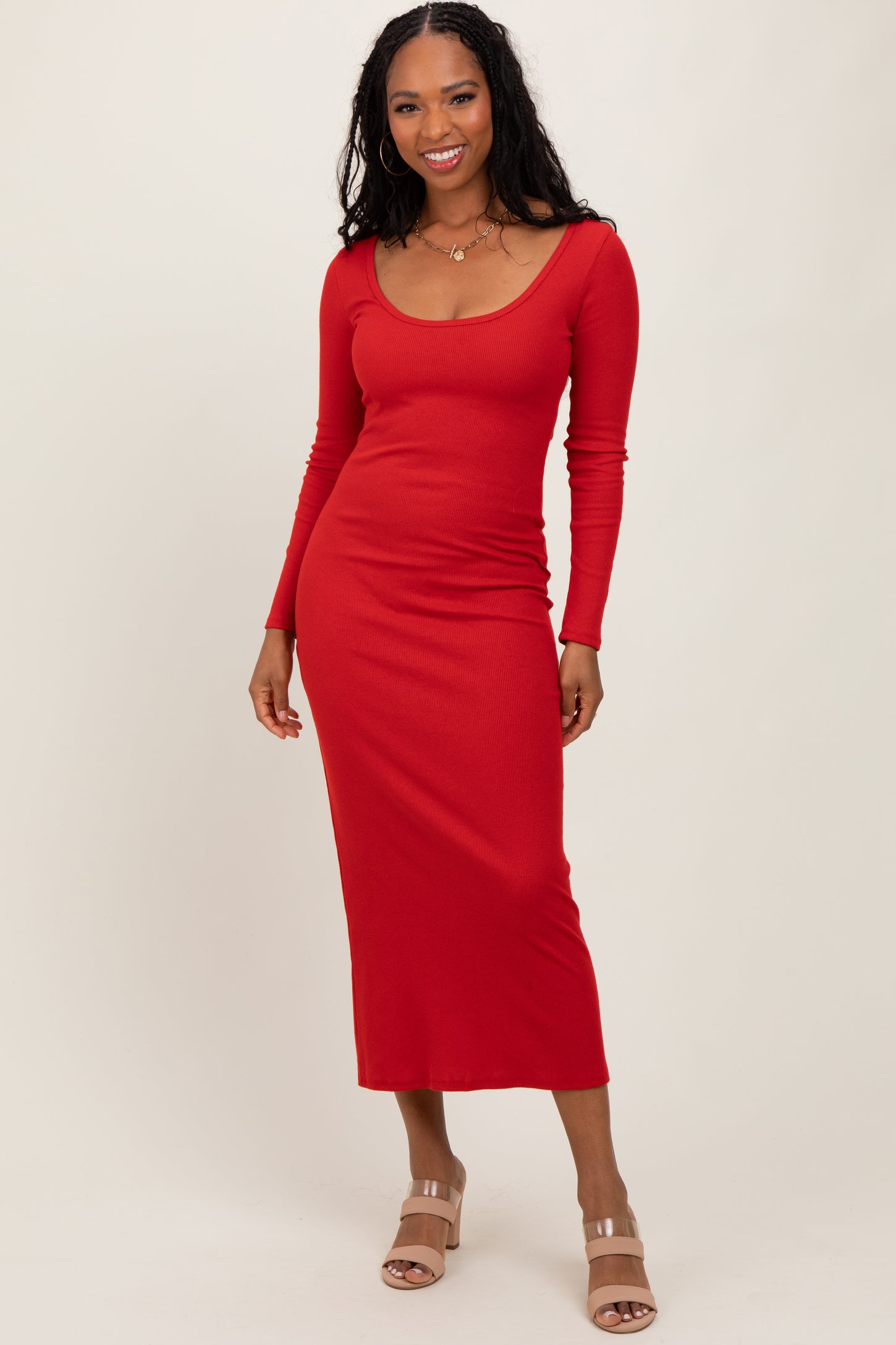 Red Scoop Neck Long Sleeve Midi Dress