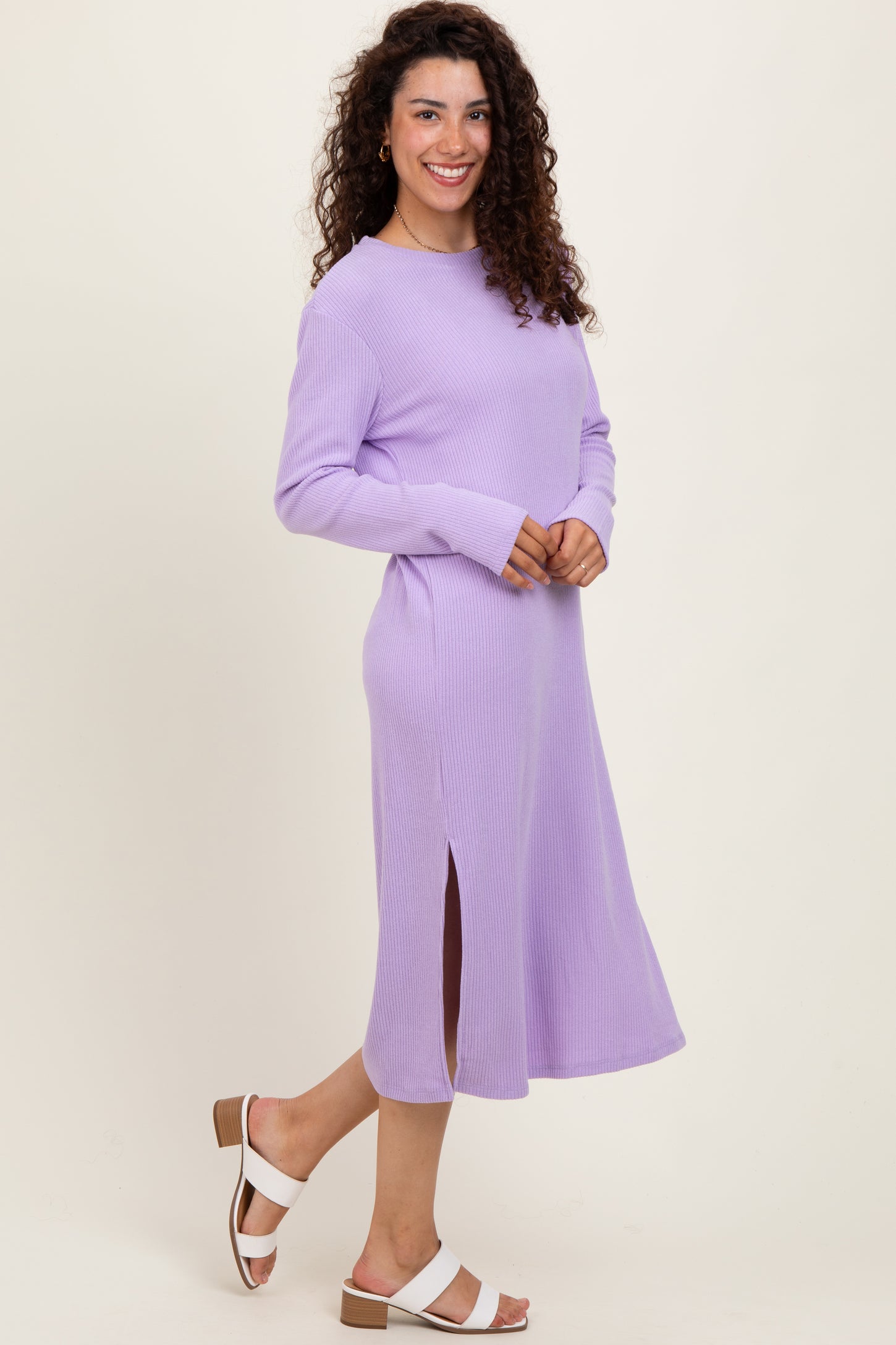 Lavender Ribbed Knit Long Sleeve Side Slit Midi Dress