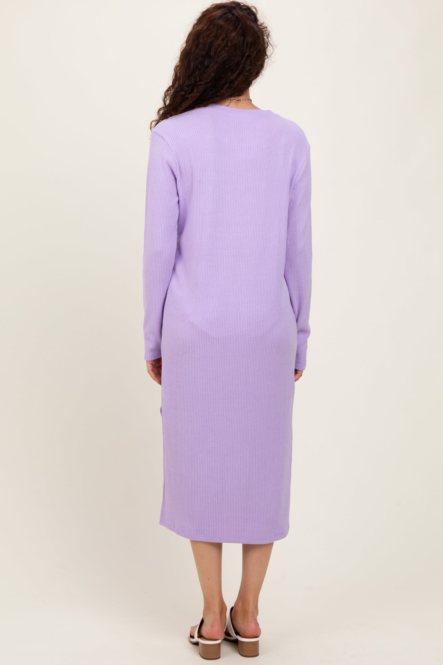 Lavender Ribbed Knit Long Sleeve Side Slit Midi Dress