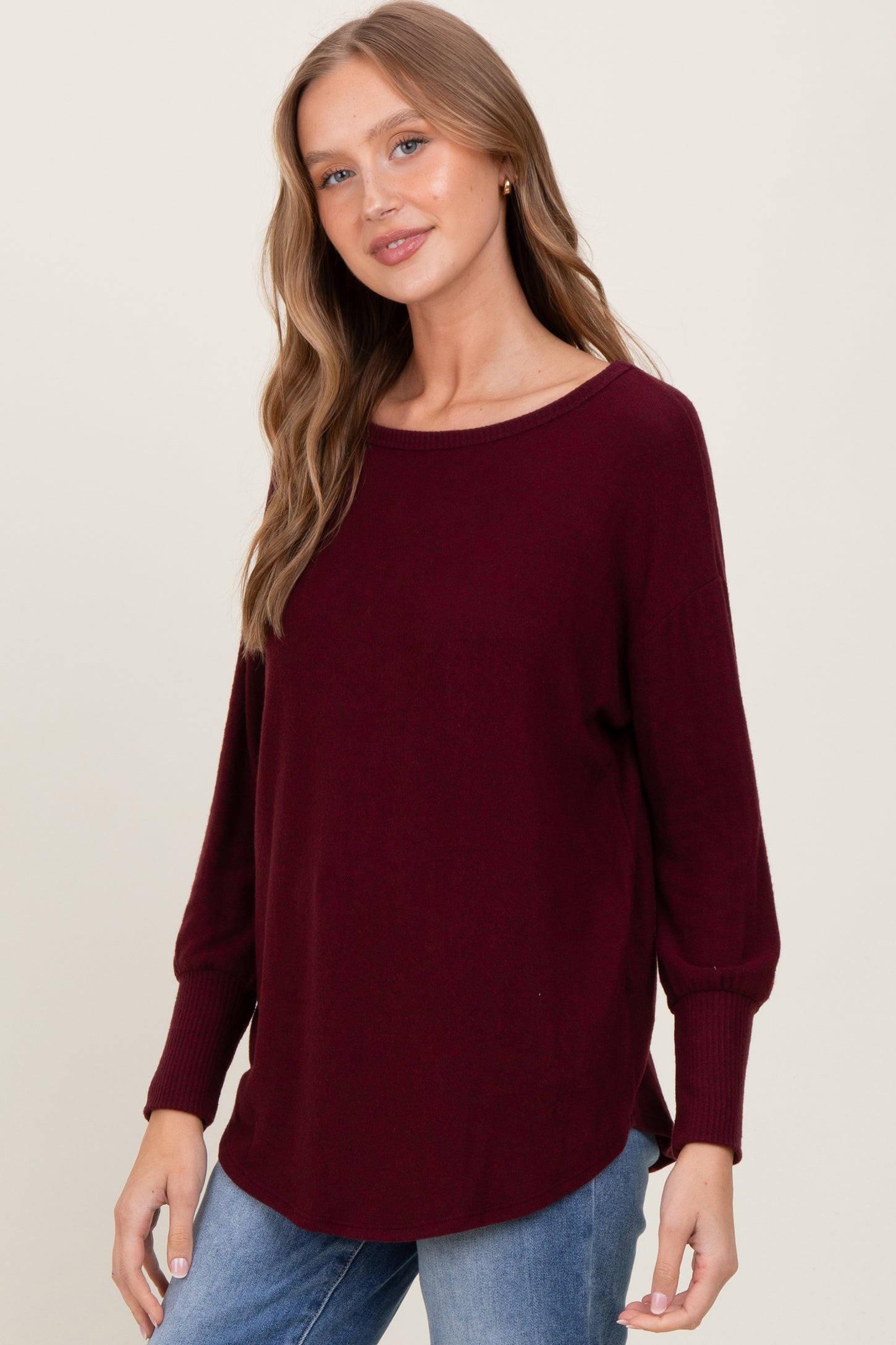 Burgundy Premium Basic Cuffed Loose Fit Top