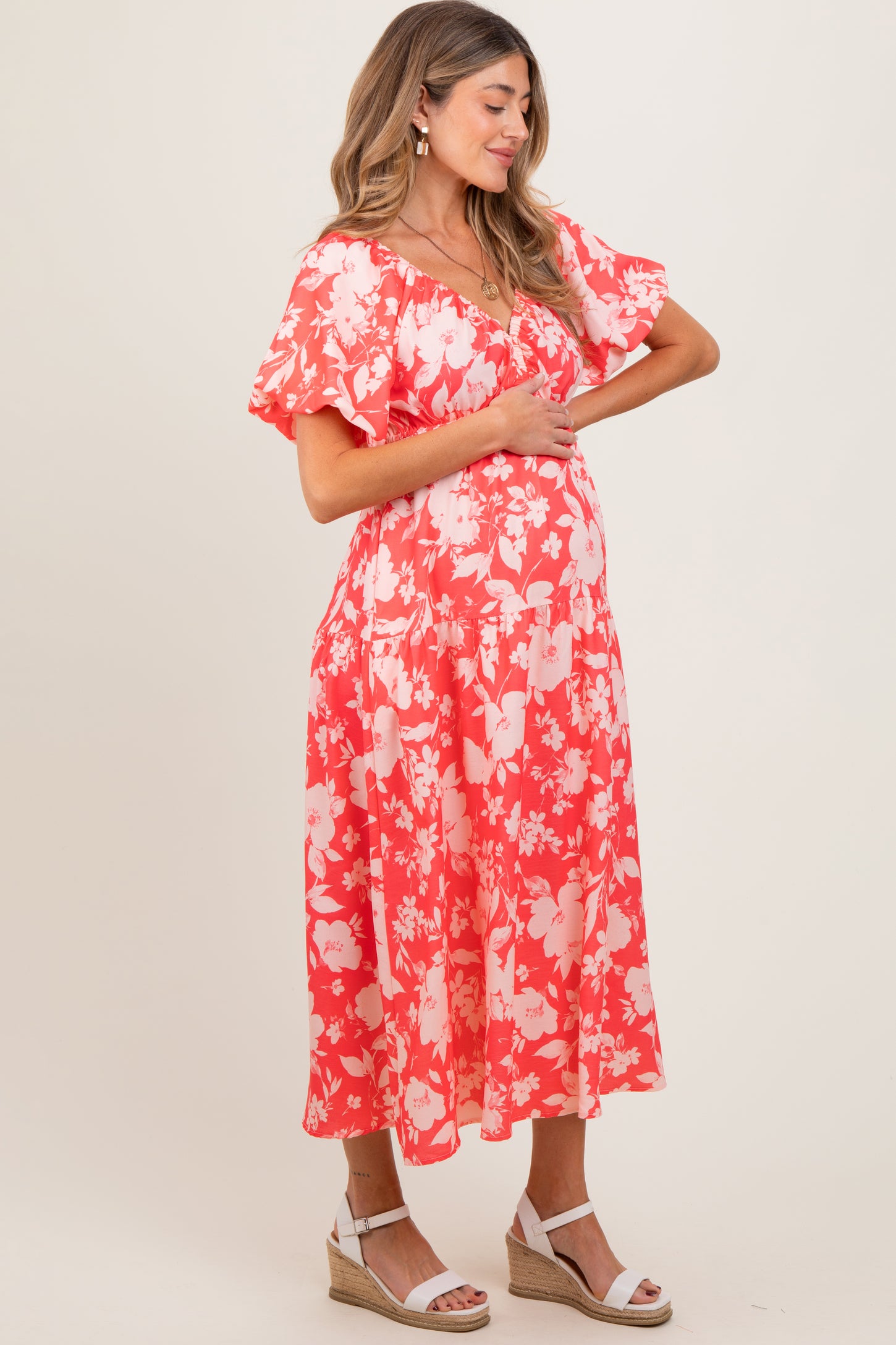 Coral Bubble Short Sleeve Maternity Maxi Dress W/ Side Pocket