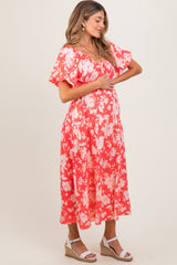 Coral Bubble Short Sleeve Maternity Maxi Dress W/ Side Pocket