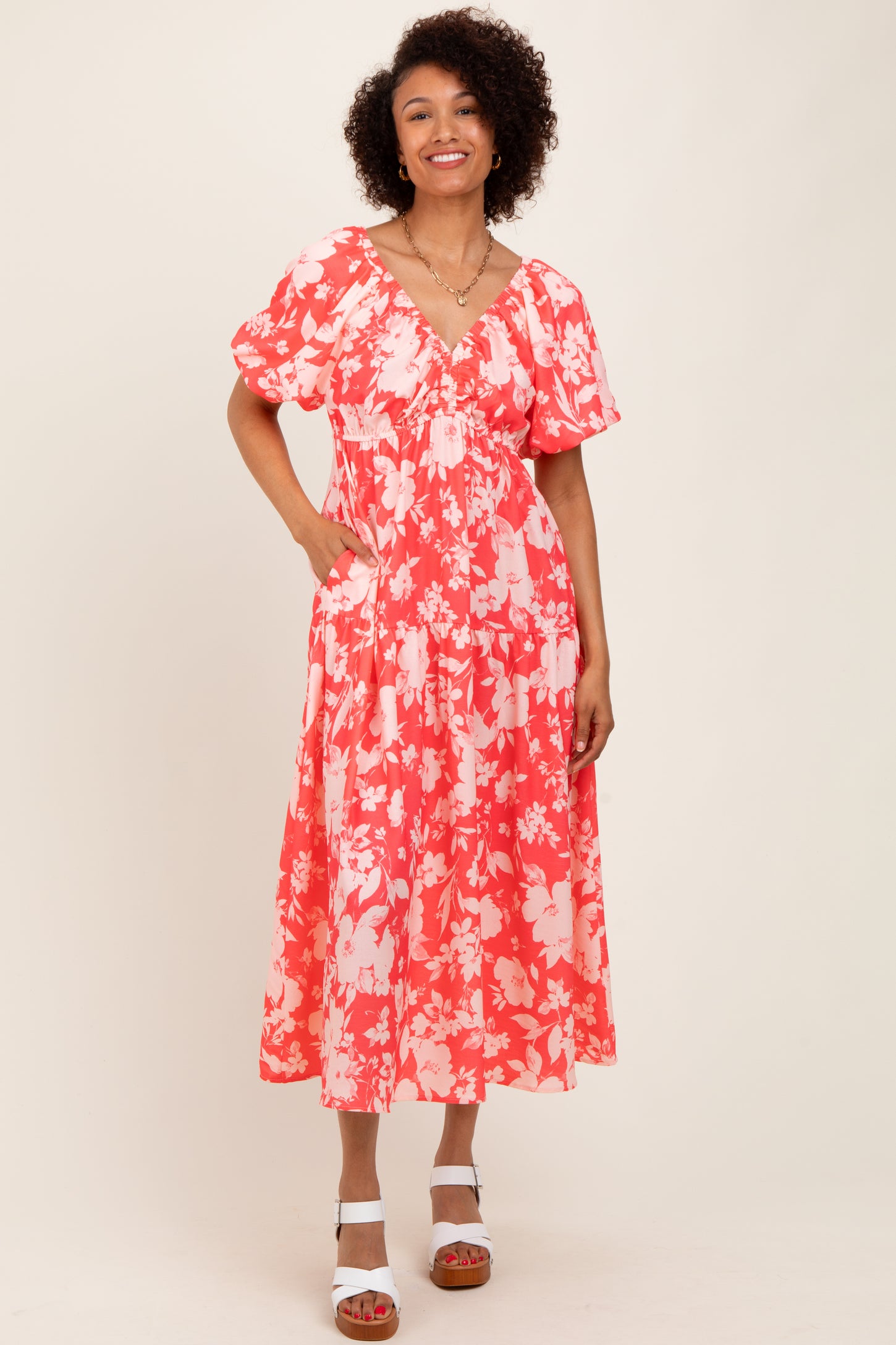 Coral Bubble Short Sleeve Maxi Dress W/ Side Pocket