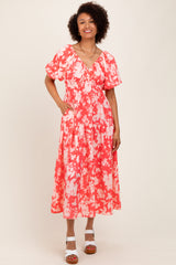 Coral Bubble Short Sleeve Maternity Maxi Dress W/ Side Pocket