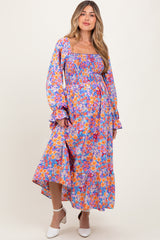 Lavender/Coral Smocking Fit And Flare Maternity Maxi With Side Pockets