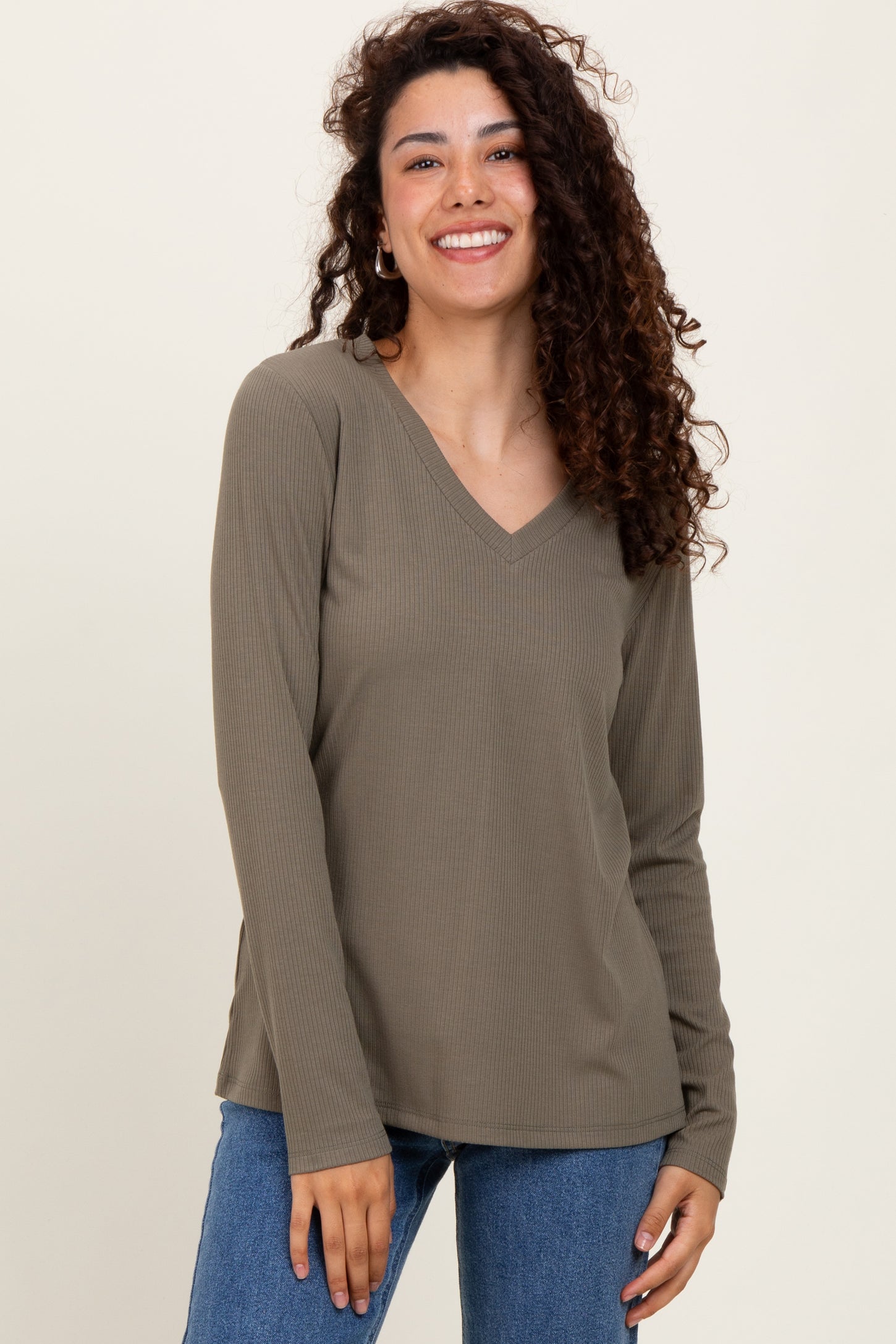 Olive Ribbed Knit V-Neck Maternity Long Sleeve Top
