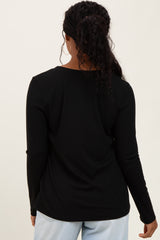 Black Ribbed Knit V-Neck Long Sleeve Top