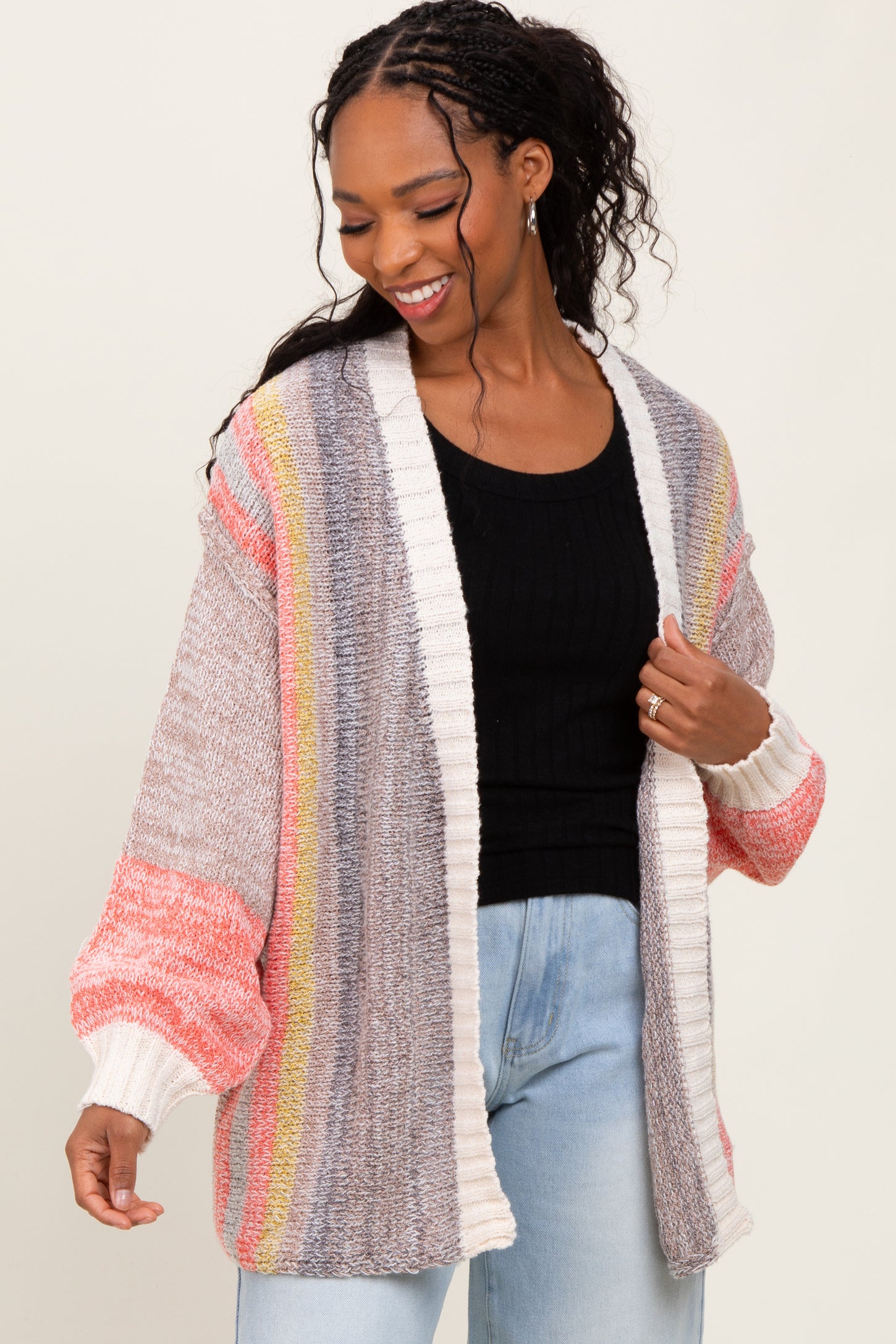 Charcoal Colorblock Stripe Knit Open Maternity Cardigan