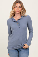 Blue Ruffle Collar Micro Waffle Knit Henley Top