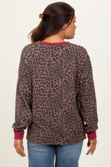 Brown Ribbed Animal Print Contrast Trim Maternity Pullover