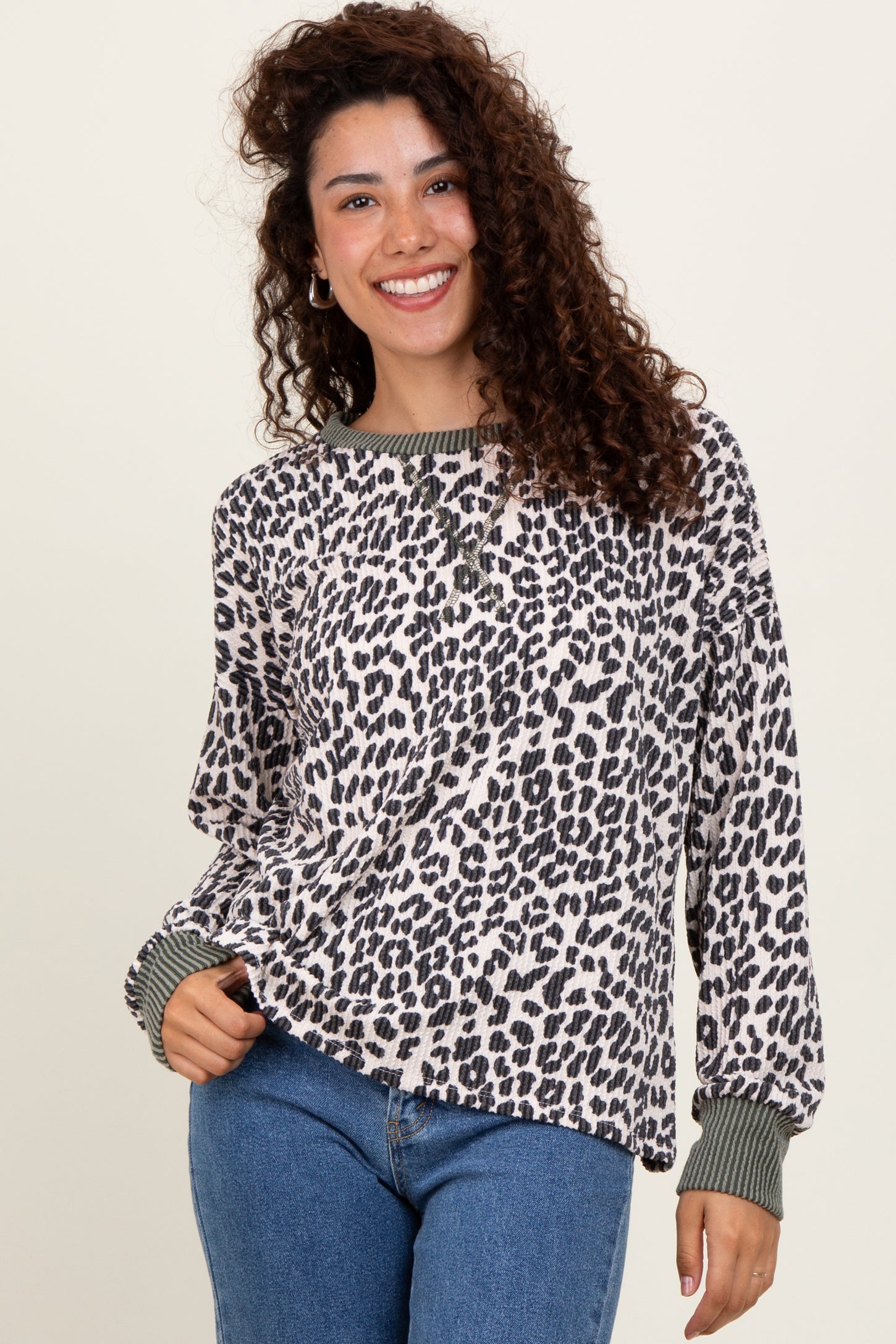 Cream Ribbed Animal Print Contrast Trim Pullover