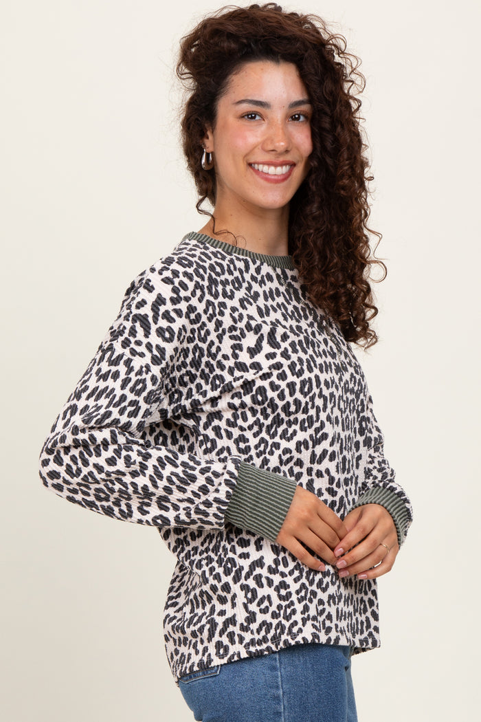 Cream Ribbed Animal Print Contrast Trim Pullover