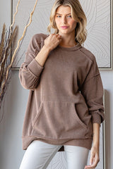Mocha Ribbed Knit Front Pocket Pullover