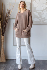 Mocha Ribbed Knit Front Pocket Pullover