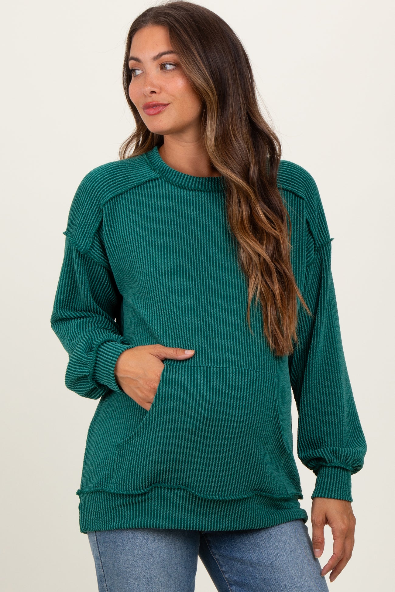 Forest Green Ribbed Knit Front Pocket Maternity Pullover