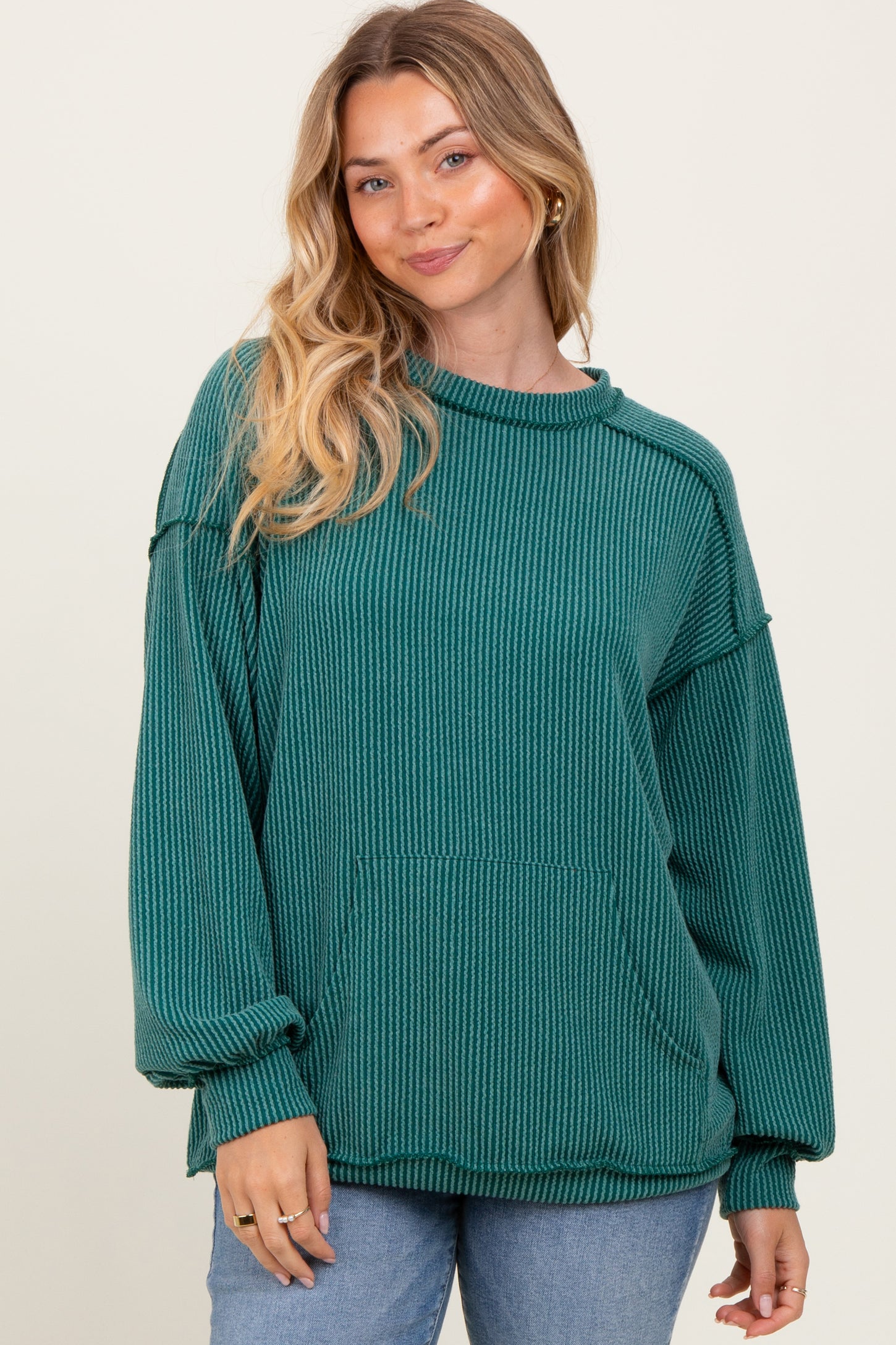 Forest Green Ribbed Knit Front Pocket Maternity Pullover