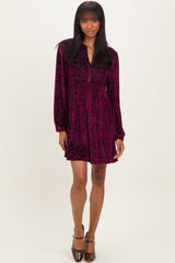 Burgundy Velvet Damask Print Long Sleeve Mini Dress