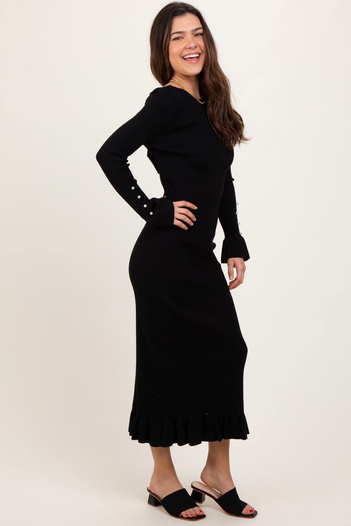 Black Ribbed Knit Bow Back Maxi Dress