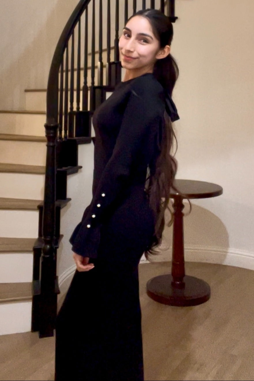 Black Ribbed Knit Bow Back Maxi Dress