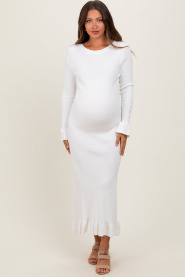 Ivory Ribbed Knit Bow Back Maternity Maxi Dress