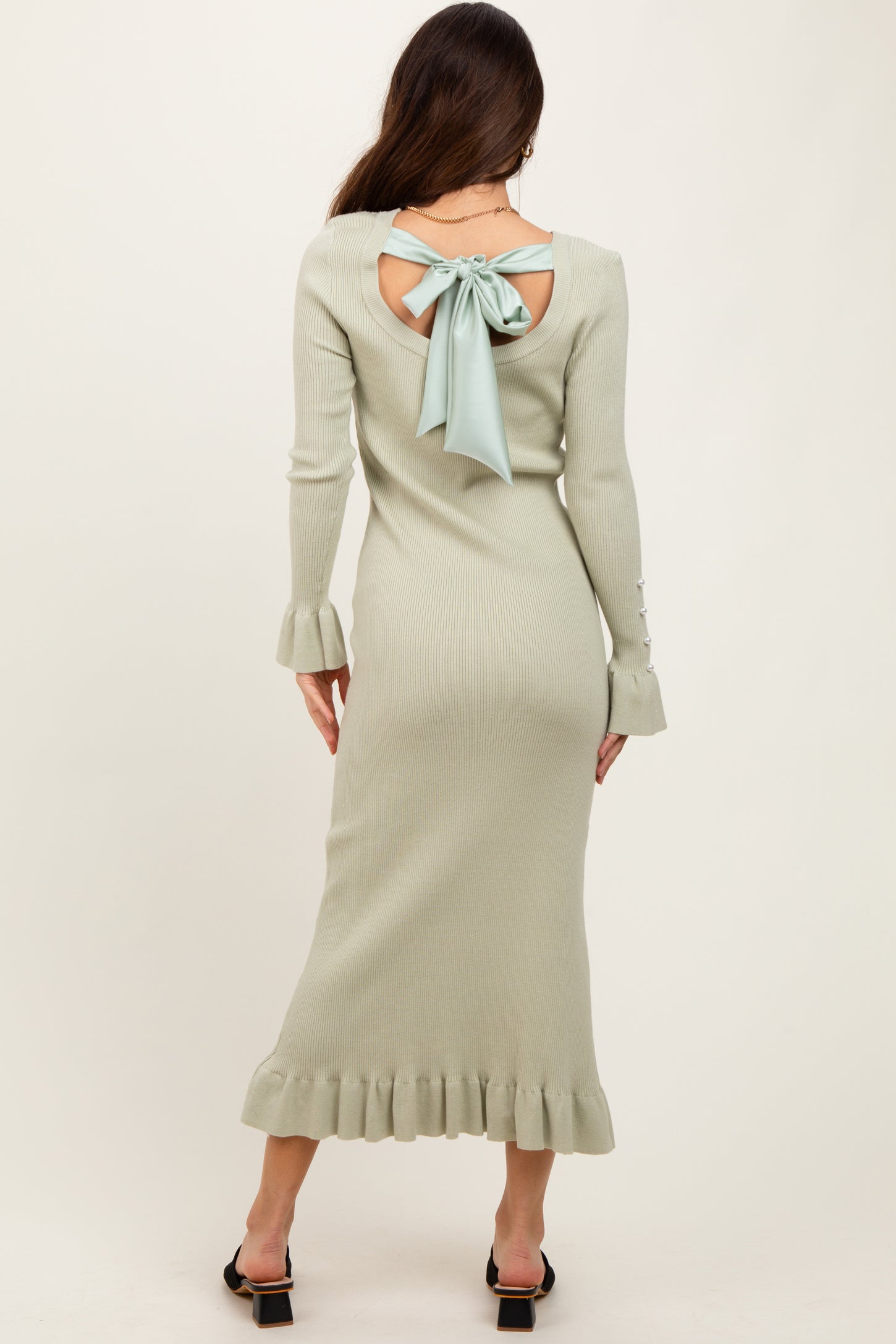 Light Olive Ribbed Knit Bow Back Maxi Dress
