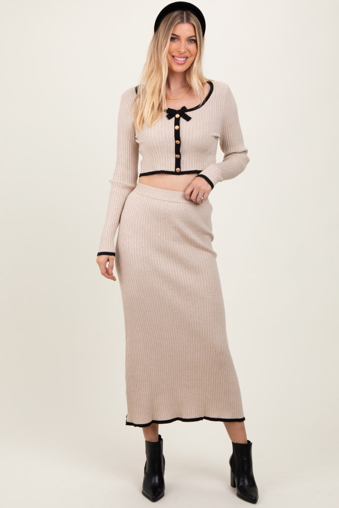 Cream Contrast Bow Ribbed Knit Crop Top And Midi Skirt Maternity Set