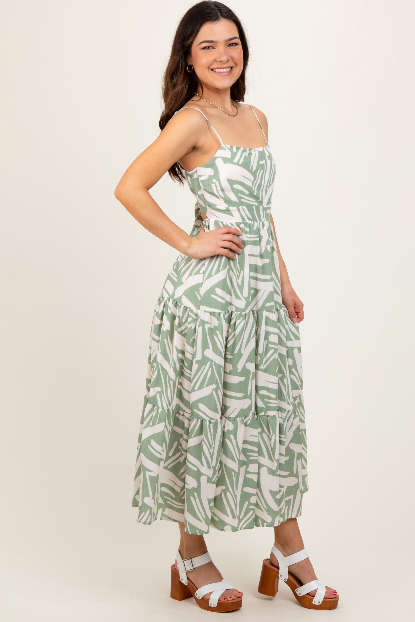 Light Olive Printed Cutout Tie Back Tiered Midi Dress