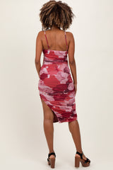 Pink Abstract Floral Ruched Side Slit Maternity Midi Dress