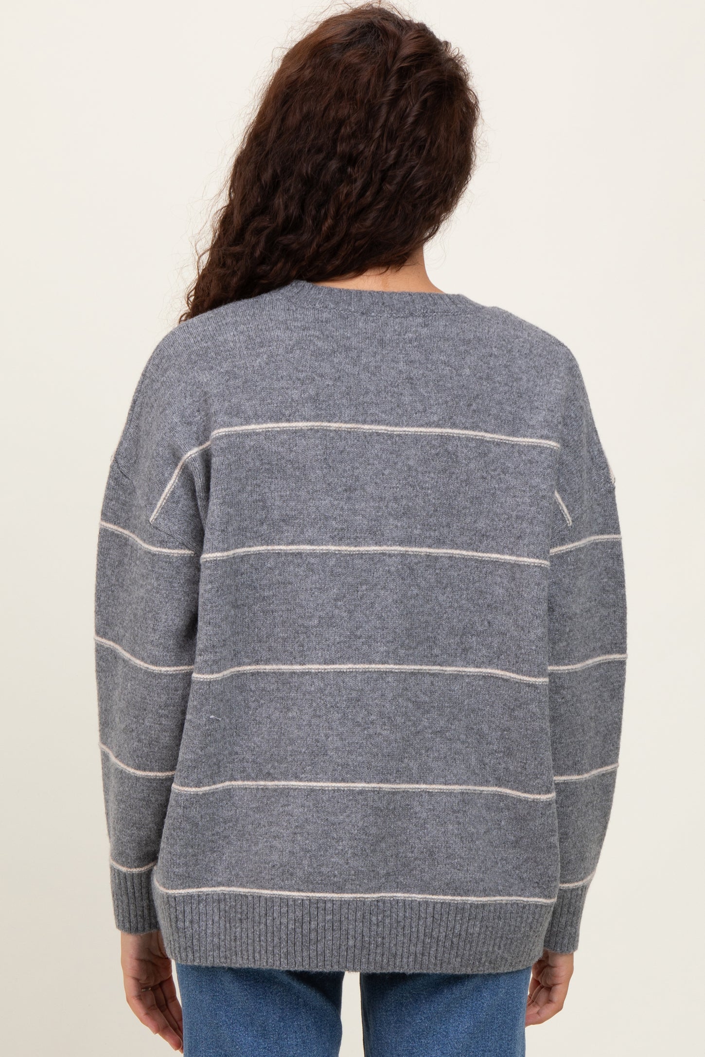 Heather Grey Striped Drop Shoulder Sweater