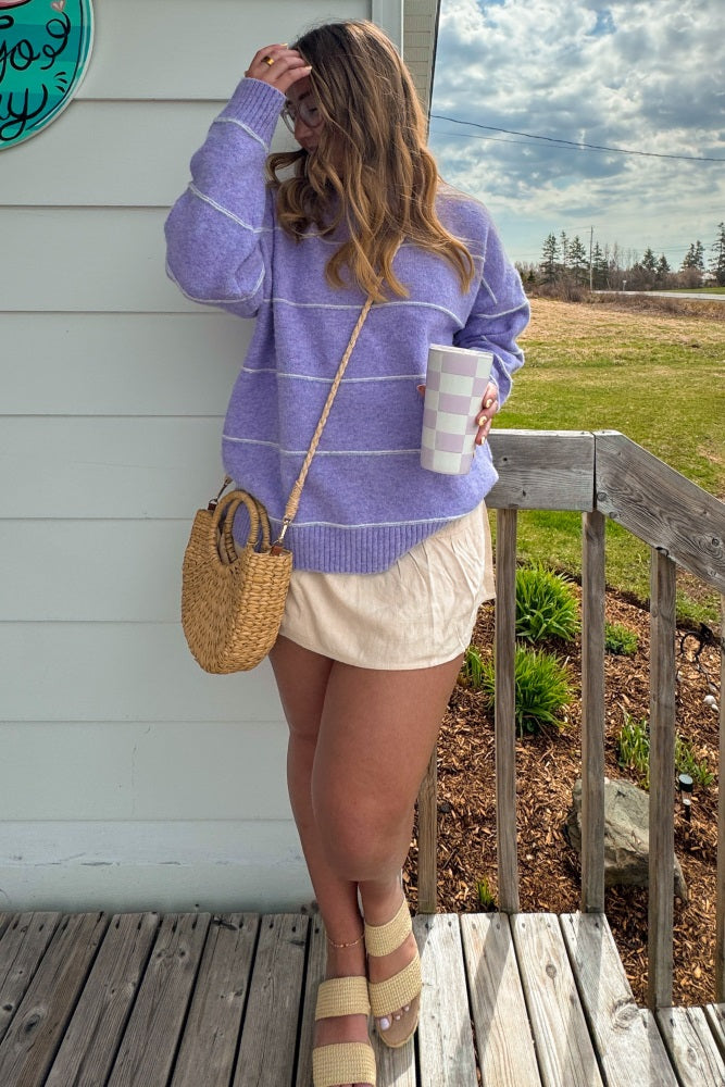 Lavender Striped Drop Shoulder Sweater
