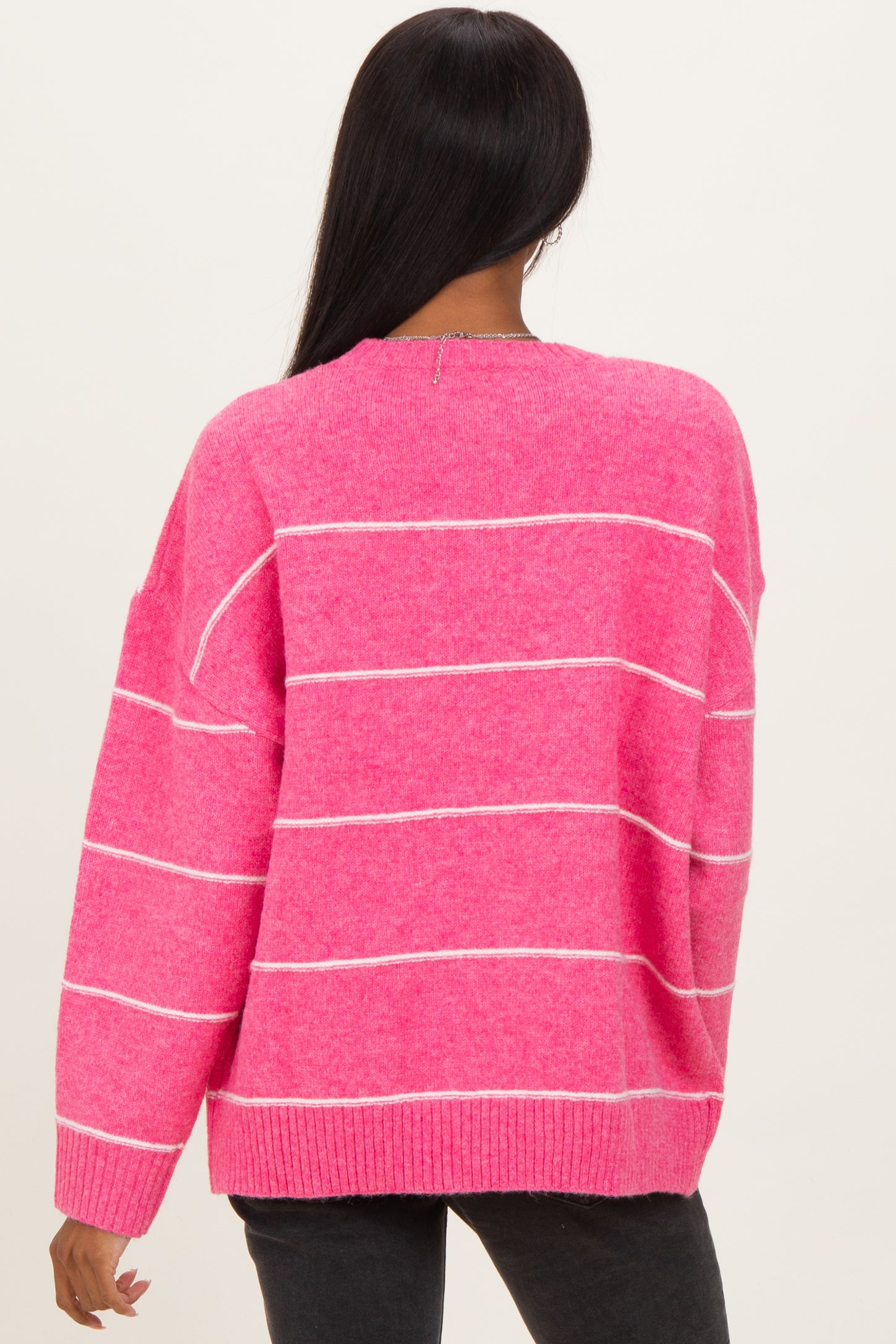 Pink Striped Drop Shoulder Sweater