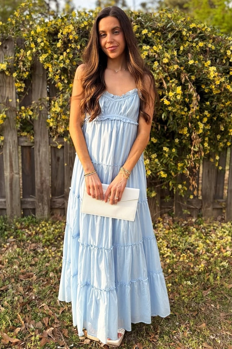 light blue tiered maxi dress Light Blue Pleated Tiered Long Dress with Pearls PollyBoutique