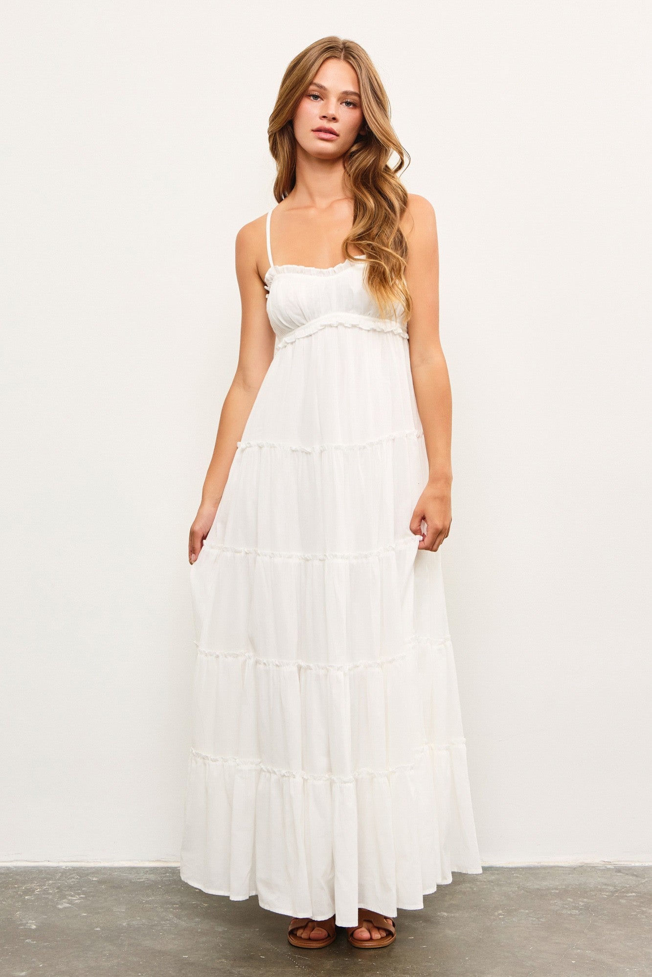 White Shirred Bust Ruffle Tiered Maxi Dress