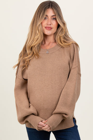 Light Mocha Oversized Basic Drop Shoulder Maternity Sweater