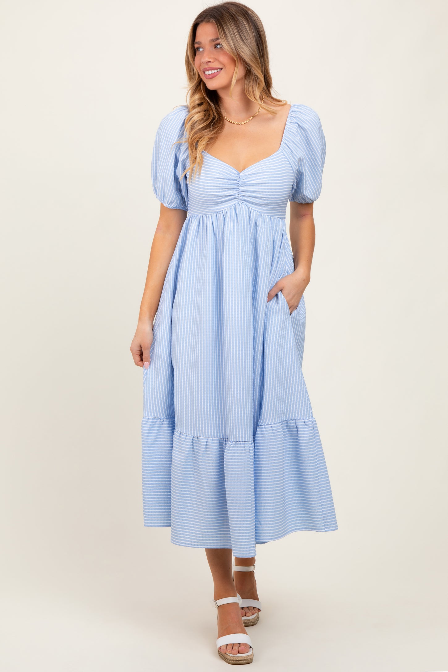 Light Blue Sweetheart Stripe Smocked Back Midi Dress
