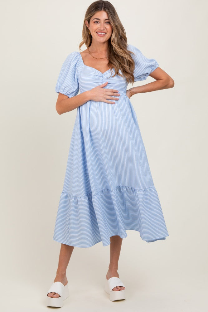 Light Blue Sweetheart Stripe Smocked Back Maternity Midi Dress