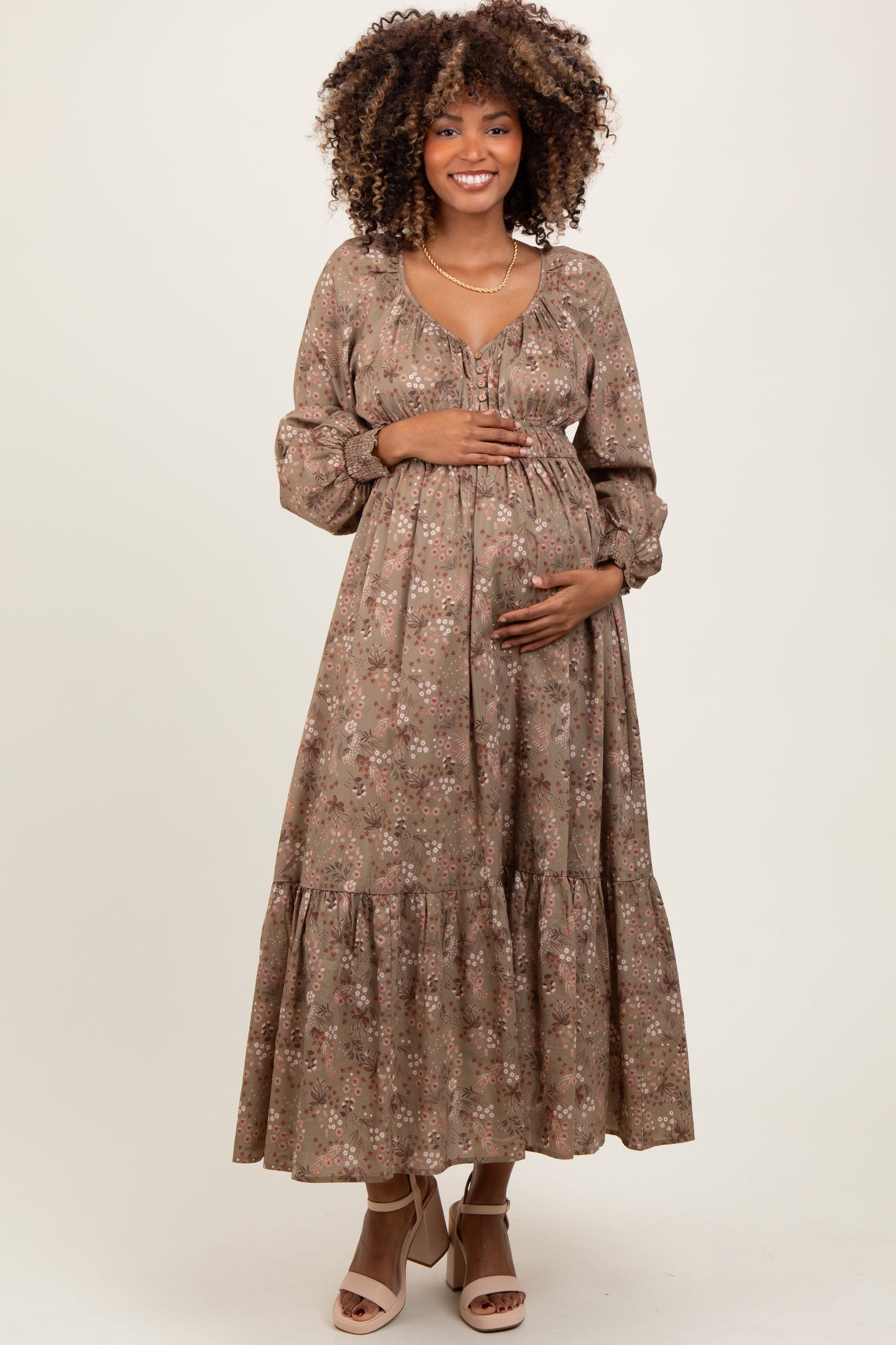 Mocha Raglan Sleeve Floral Button Maternity Maxi Dress