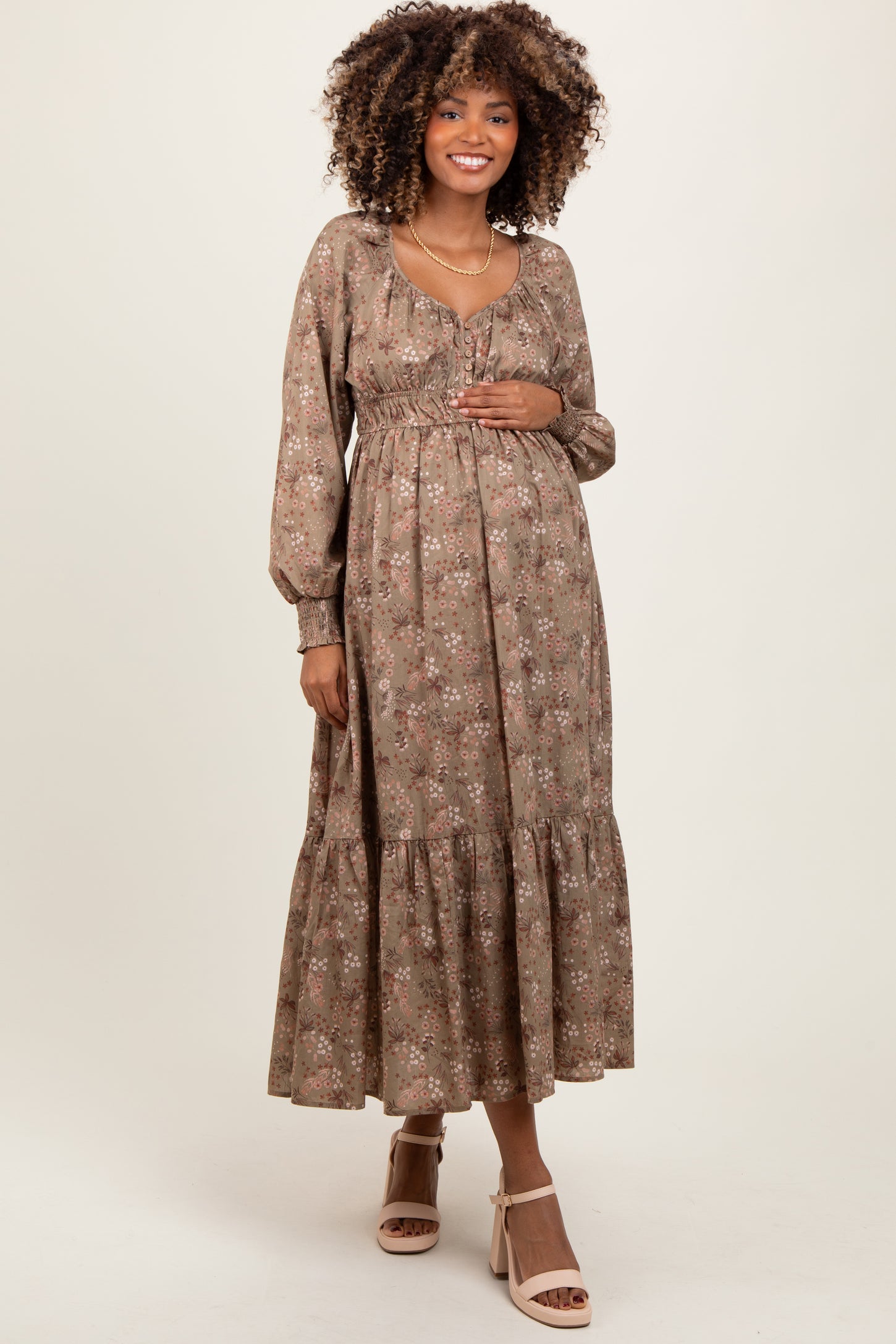Mocha Raglan Sleeve Floral Button Maternity Maxi Dress