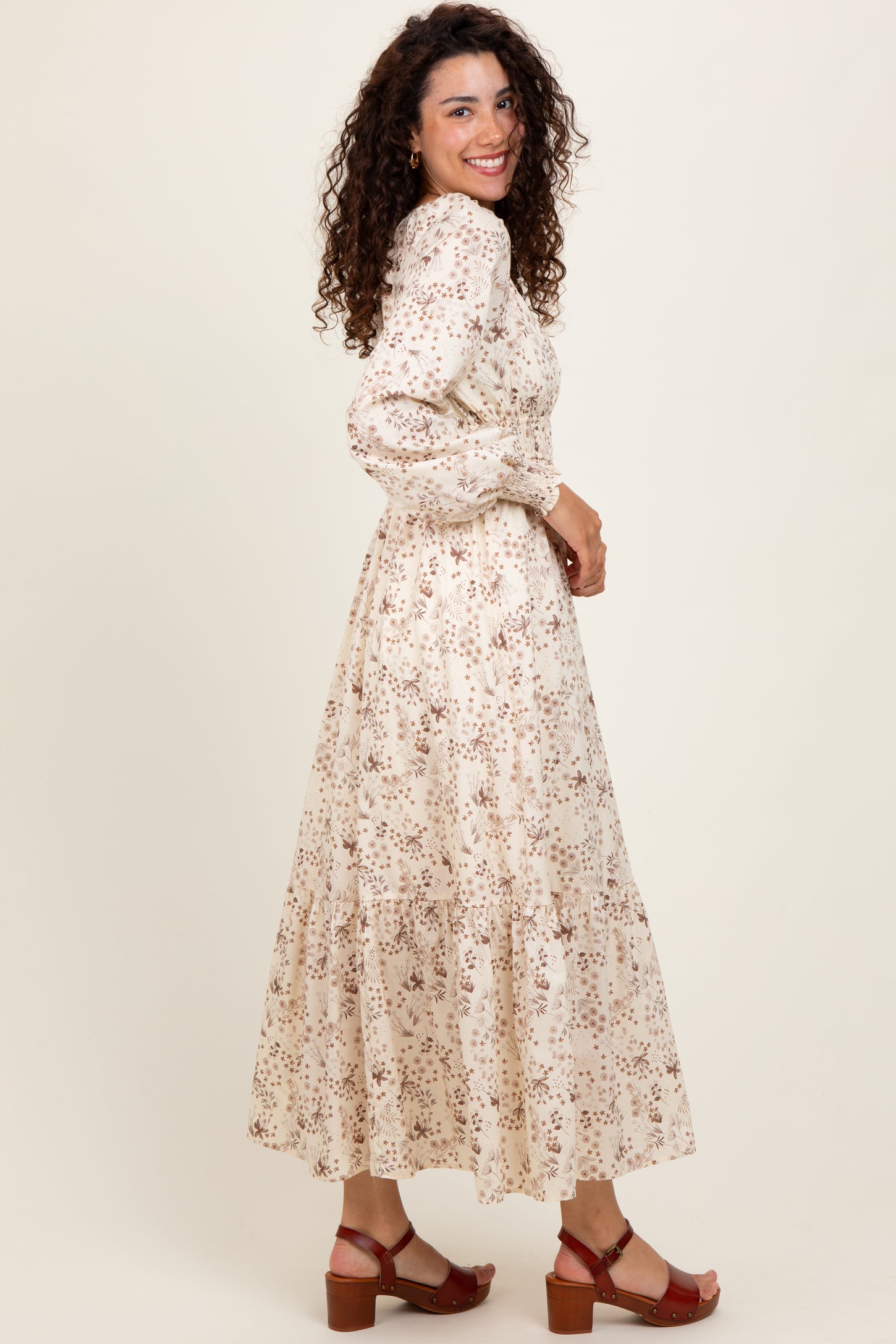 Cream Raglan Sleeve Floral Button Maxi Dress