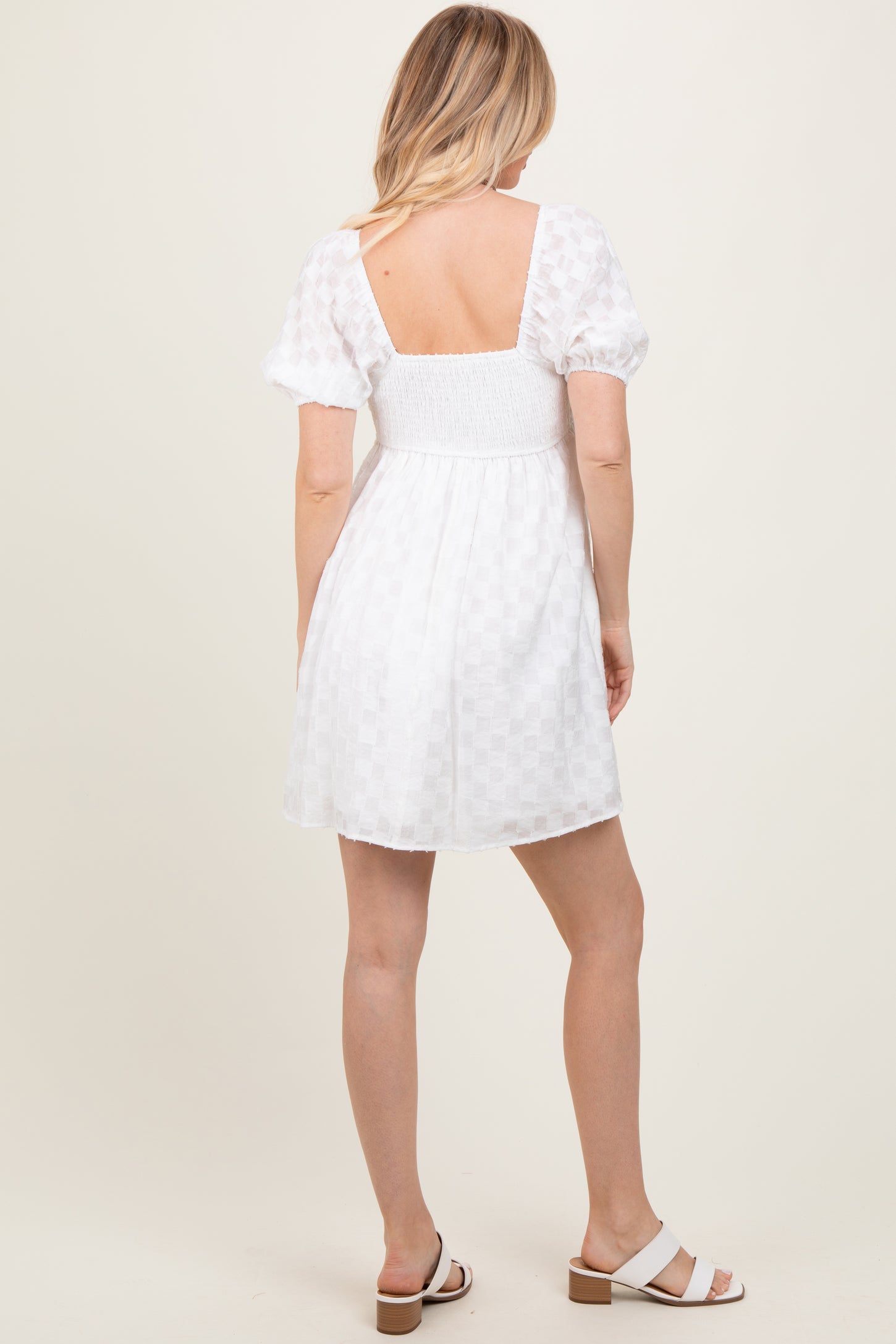 White Smocked Back Textured Babydoll Mini Dress