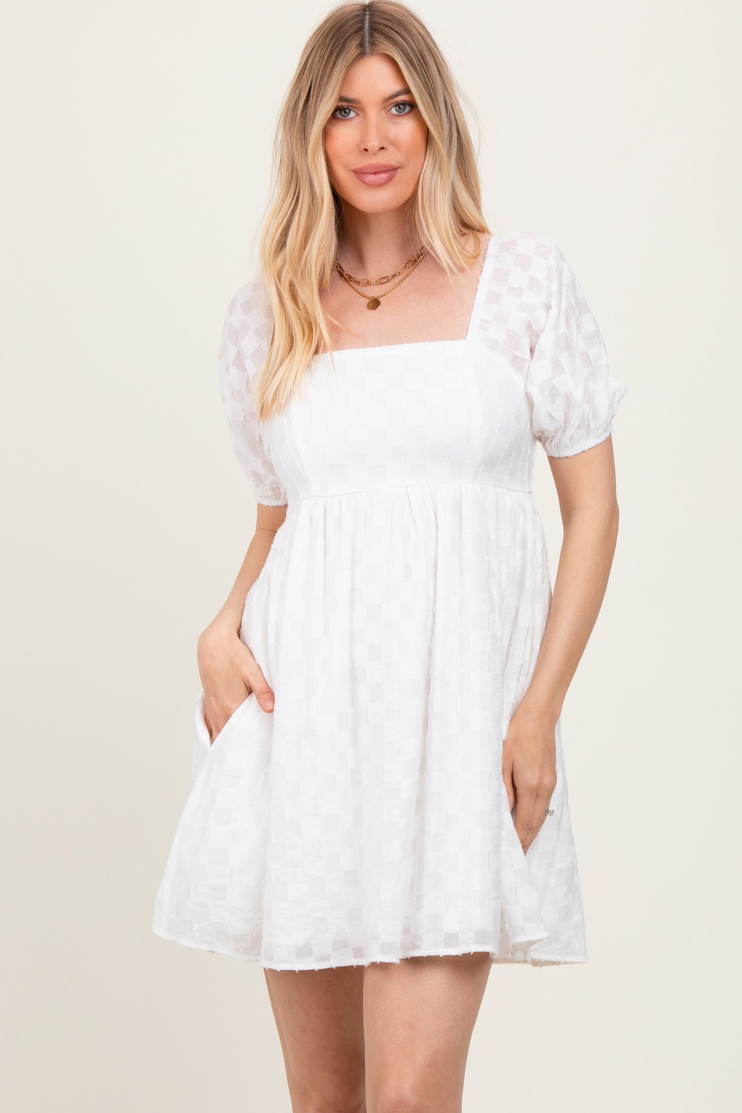 White Smocked Back Textured Babydoll Maternity Mini Dress