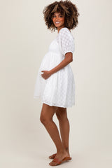 White Smocked Back Textured Babydoll Maternity Mini Dress