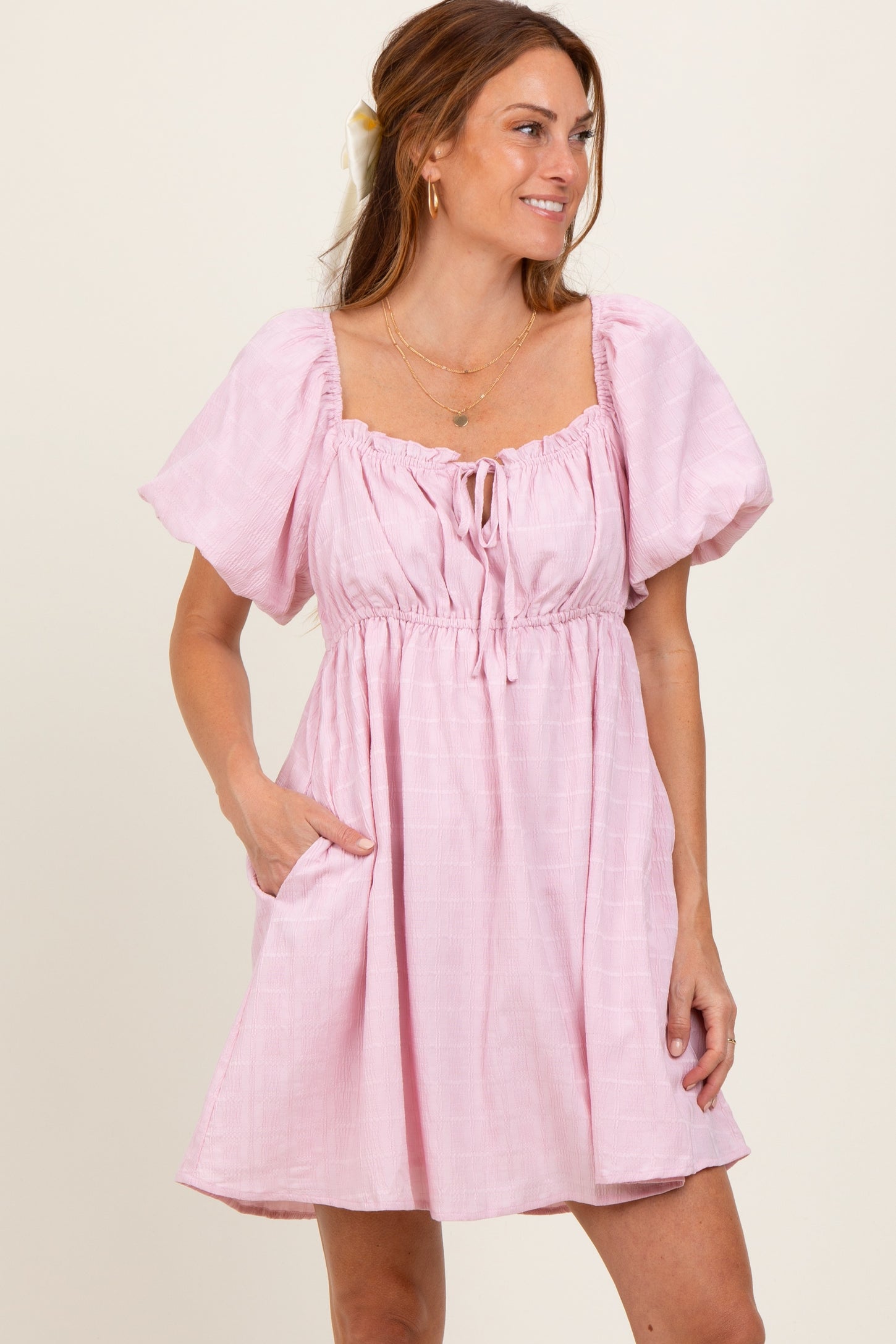 Pink Textured Bubble Sleeve Maternity Mini Dress