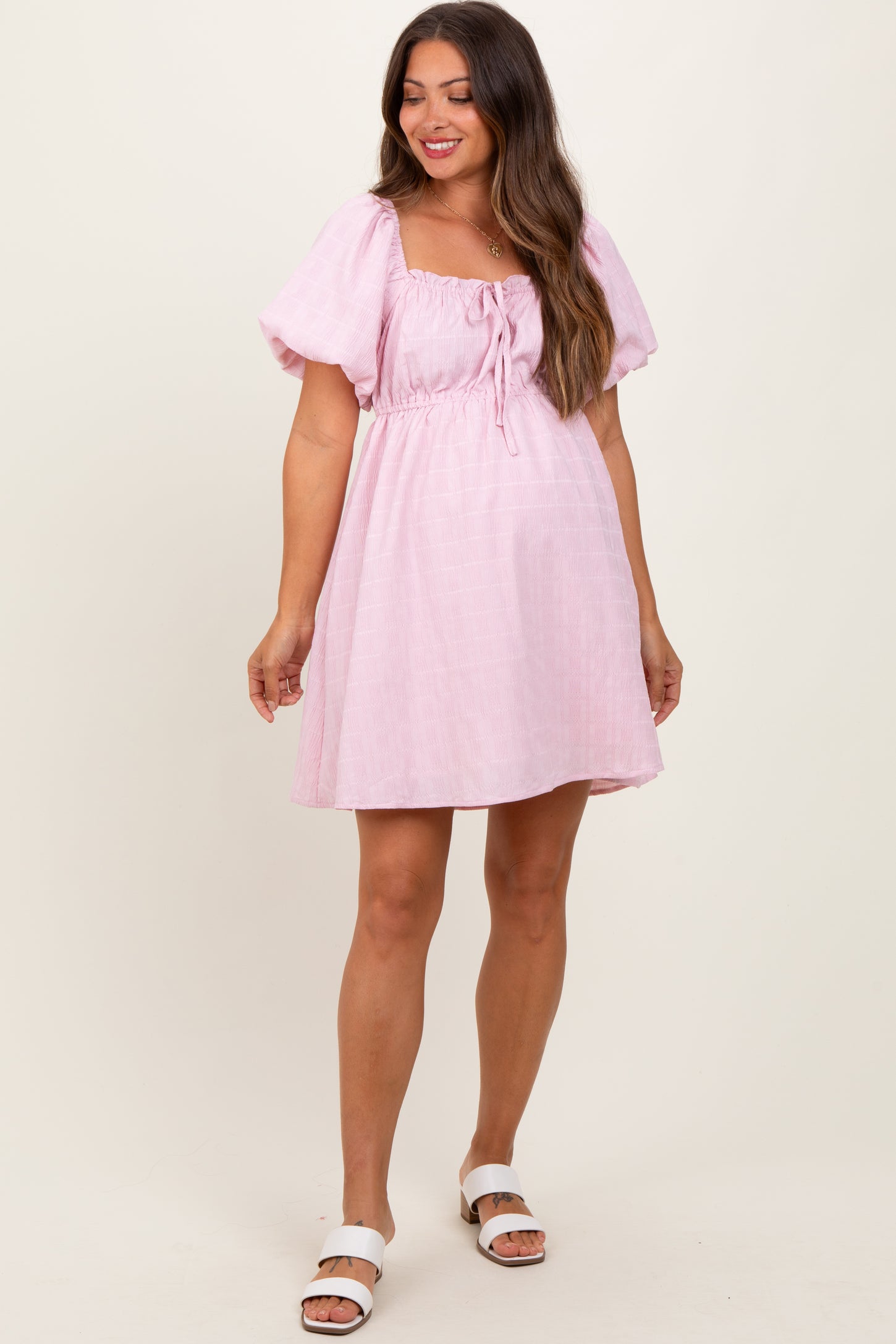 Pink Textured Bubble Sleeve Maternity Mini Dress